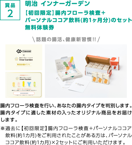 賞品2 明治 インナーガーデン【初回限定】腸内フローラ検査＋パーソナルココア飲料(約1ヶ月分)のセット無料体験券 話題の腸活、健康新習慣!!腸内フローラ検査を行い、あなたの腸内タイプを判別します。腸内タイプに適した素材の入ったオリジナル商品をお届けします。※過去に【初回限定】腸内フローラ検査＋パーソナルココア飲料(約1カ月)をご利用されたことがある方は、パーソナルココア飲料(約1カ月)×2セットにご利用いただけます。