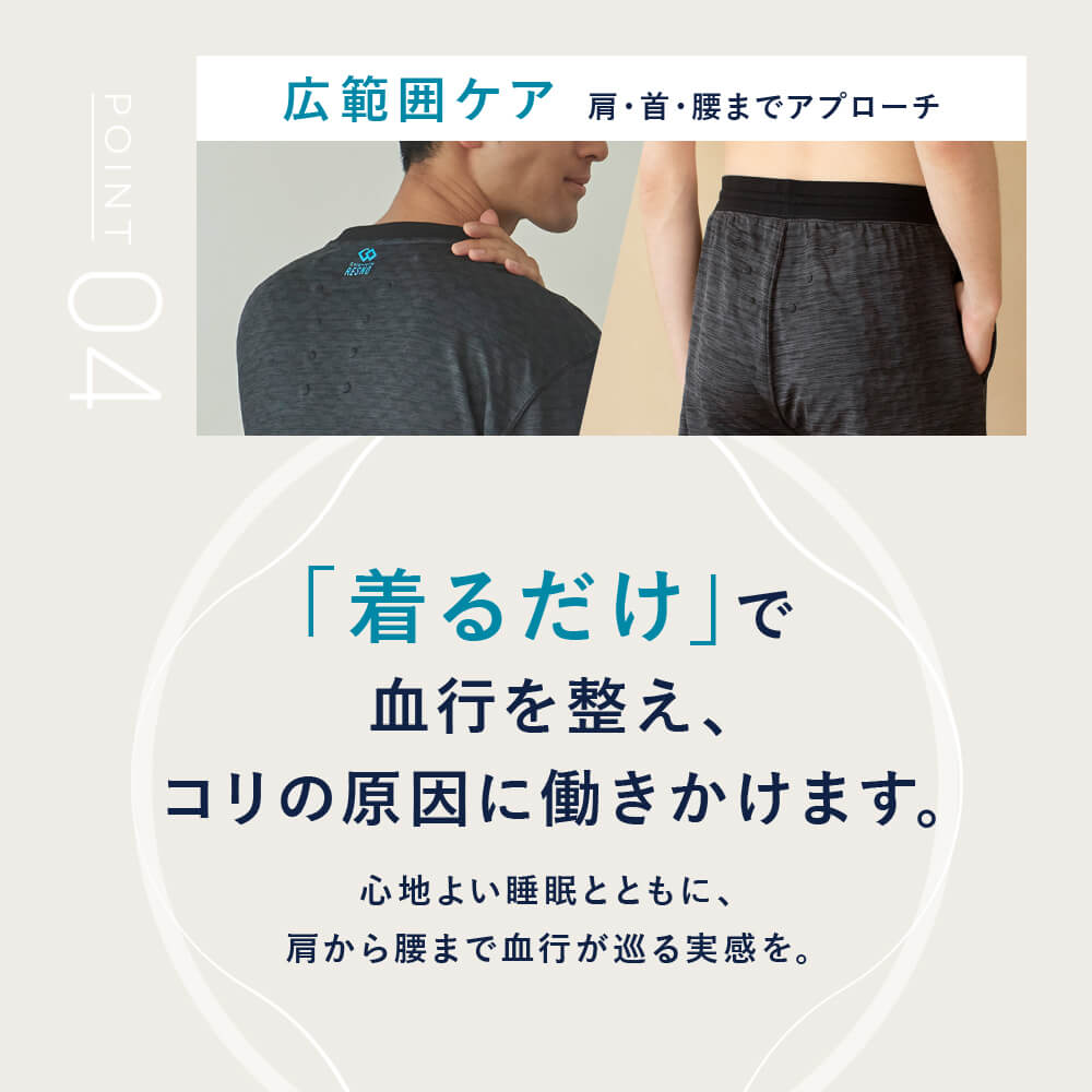 広範囲ケア　方・首・腰までアプローチ　「着るだけ」で血行を整え、コリの原因に働きかけます。